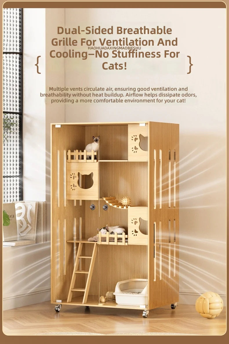 Large MultiLevel CatHouse for Indoor Cat,Wooden Cat Villa with Scratching Posts&Hideouts,Cat Tree Condo with Bed,Litter BoxCover