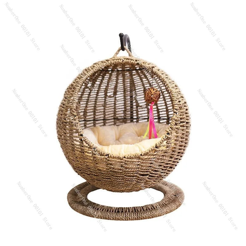 Rattan Cat Hanging Basket Bed Round Semi Enclosed Hammock Swing Lounge All Season Washable Indoor Pet Cave For Summer Winter