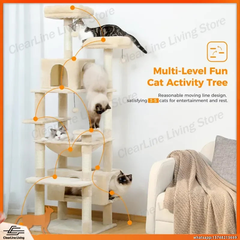 Large Cat Tree Tower for Indoor Cats with Sisal Scratching Posts Hammock Padded Perches Condos Toys Multi-Level Climbing