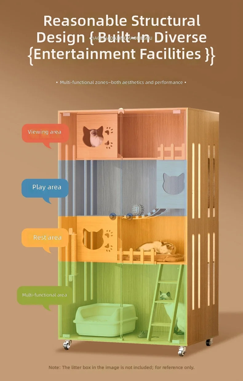 Large MultiLevel CatHouse for Indoor Cat,Wooden Cat Villa with Scratching Posts&Hideouts,Cat Tree Condo with Bed,Litter BoxCover
