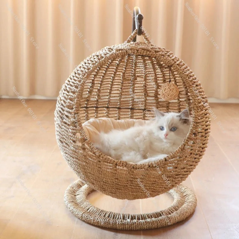 Rattan Cat Hanging Basket Bed Round Semi Enclosed Hammock Swing Lounge All Season Washable Indoor Pet Cave For Summer Winter