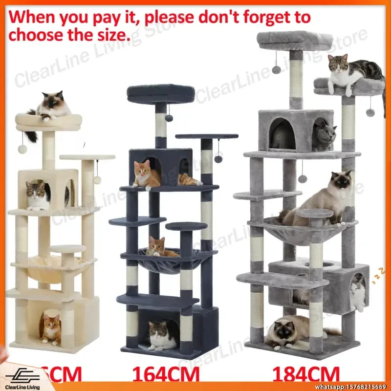 Large Cat Tree Tower for Indoor Cats with Sisal Scratching Posts Hammock Padded Perches Condos Toys Multi-Level Climbing