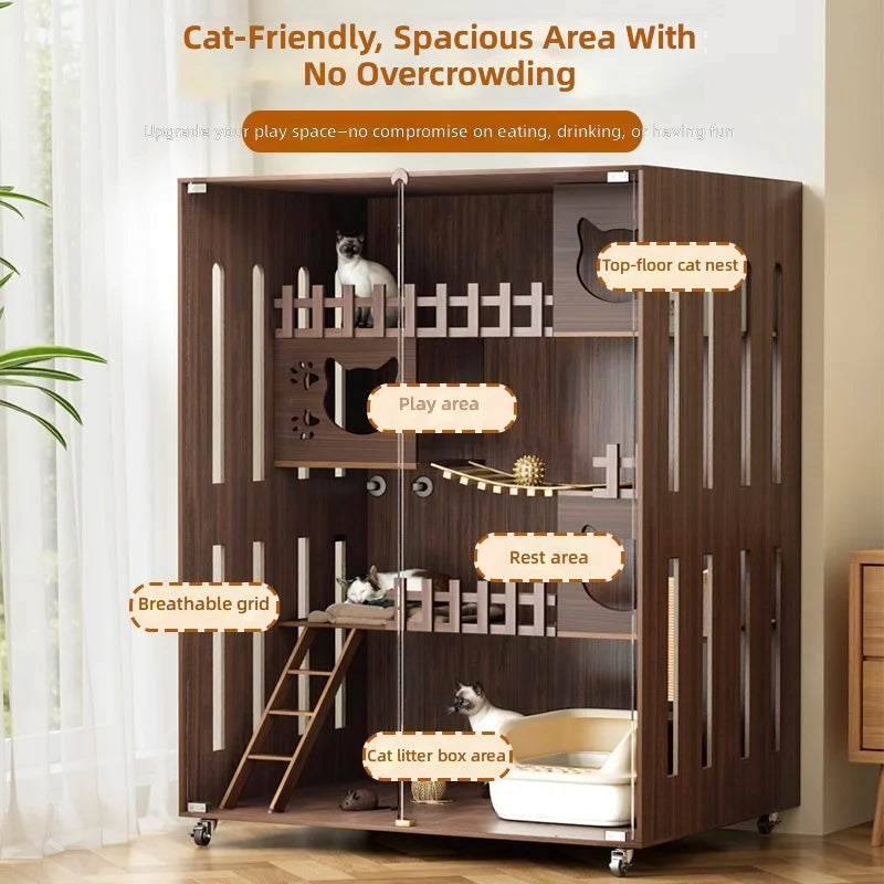 Large MultiLevel CatHouse for Indoor Cat,Wooden Cat Villa with Scratching Posts&Hideouts,Cat Tree Condo with Bed,Litter BoxCover