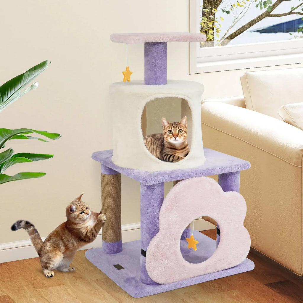 31.5 Inch Cat Tree with Condo Scratching Post Hanging Toys for Cats Modern Cute Design Jute Covered Feline Activity Center Play