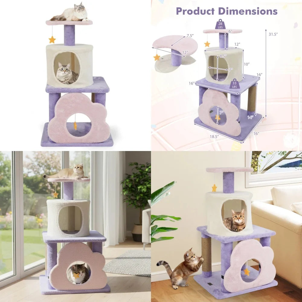 31.5 Inch Cat Tree with Condo Scratching Post Hanging Toys for Cats Modern Cute Design Jute Covered Feline Activity Center Play