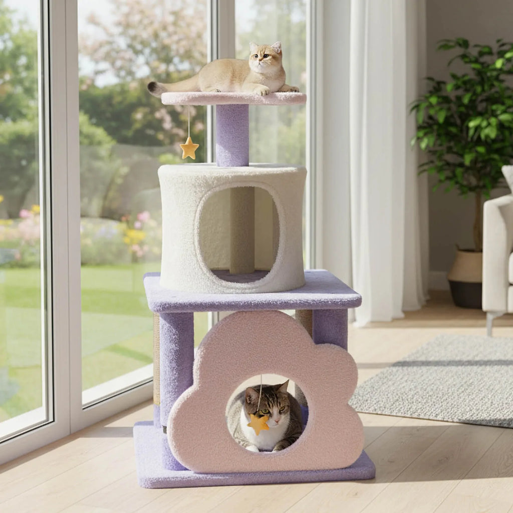 31.5 Inch Cat Tree with Condo Scratching Post Hanging Toys for Cats Modern Cute Design Jute Covered Feline Activity Center Play