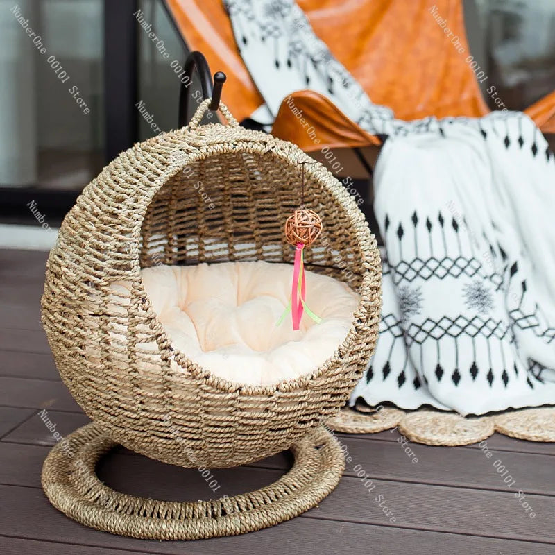 Rattan Cat Hanging Basket Bed Round Semi Enclosed Hammock Swing Lounge All Season Washable Indoor Pet Cave For Summer Winter