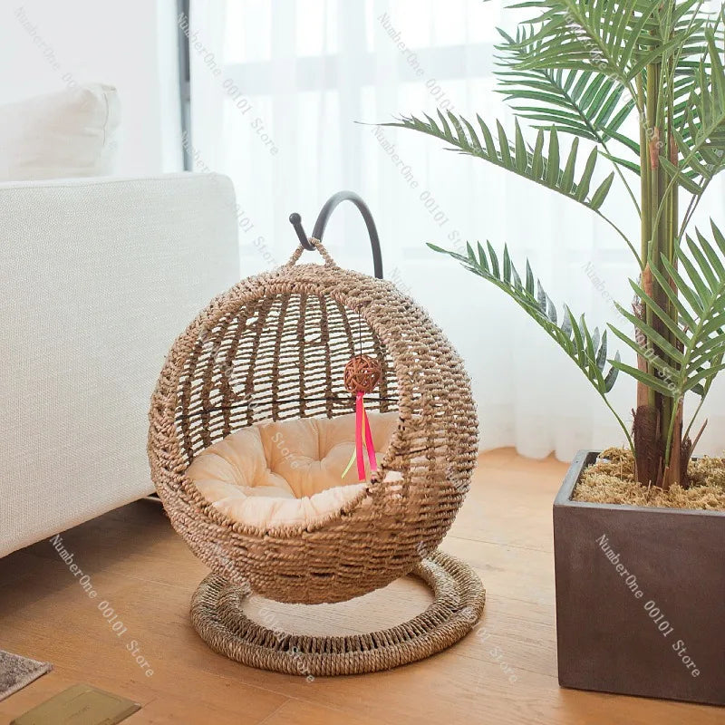 Rattan Cat Hanging Basket Bed Round Semi Enclosed Hammock Swing Lounge All Season Washable Indoor Pet Cave For Summer Winter