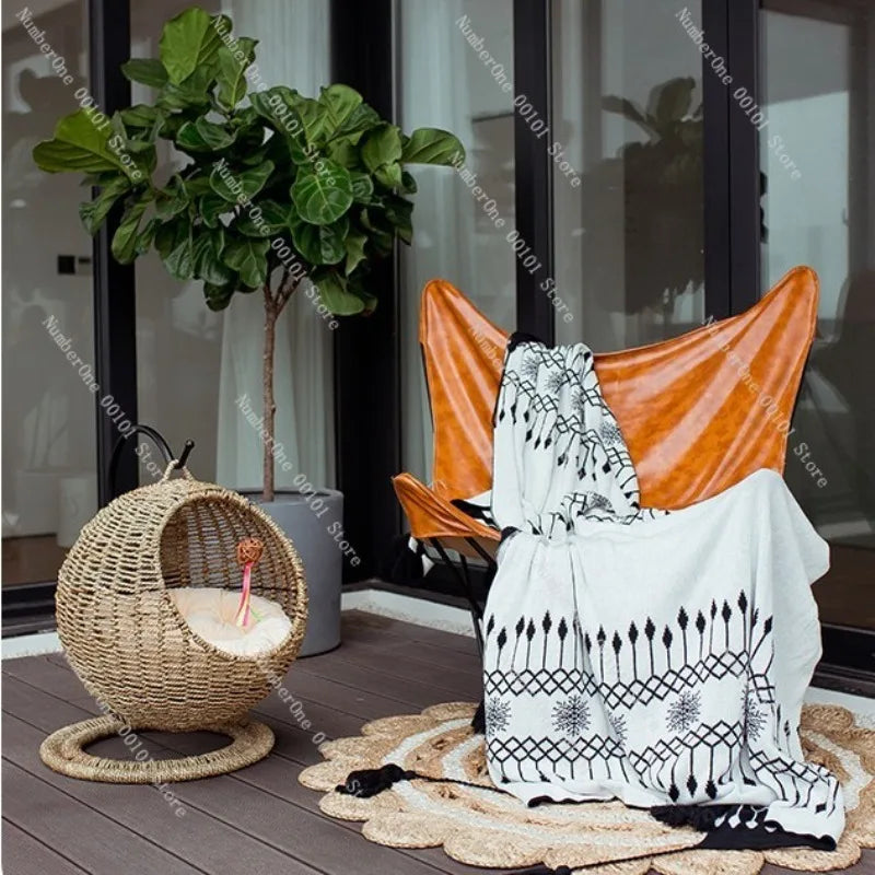 Rattan Cat Hanging Basket Bed Round Semi Enclosed Hammock Swing Lounge All Season Washable Indoor Pet Cave For Summer Winter